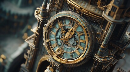 A close-up of an intricate clock face on a large, ornate tower.