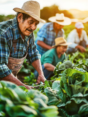 A group of farmers in straw hats working in a lush vegetable field, harvesting crops during a warm, sunny day.