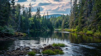 Fototapeta premium A serene river scene with a beaver building a dam, surrounded by dense forest