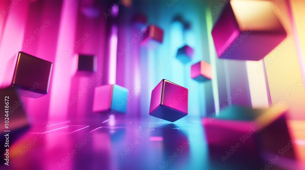Poster abstract 3d rendering of colorful cubes against a neon background.