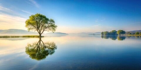 Tranquil lake with solitary tree reflecting in the water, surrounded by serene nature and forest