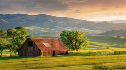 A serene scene of a countryside barn with rolling hills in the background