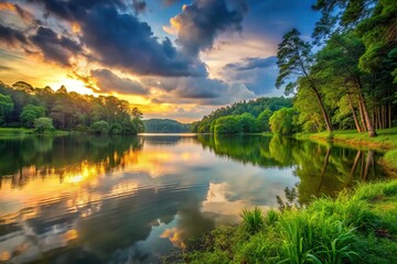 Obraz premium Tranquil lakes and lush forests under soft light and shadow, perfect for relaxation and comfort