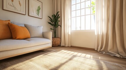 Fototapeta premium Cozy Rustic Linen Curtains in Bright Interior Design