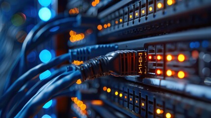 Naklejka premium Intricate Network of Cables Illuminating a High-Performance Server Room with Vibrant Lights