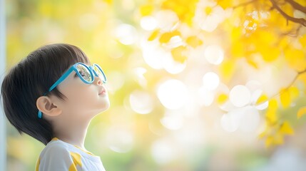 Fototapeta premium Young child wearing blue glasses focusing on distant tree outside window, symbolizing myopia prevention and importance of outdoor activities