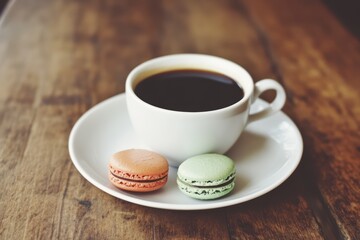 Fototapeta premium Serene coffee break with macarons on wooden surface