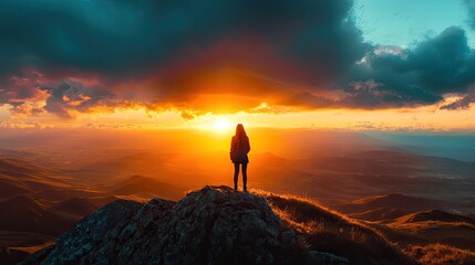Fototapeta premium Sunset View from Mountain Peak with Silhouette