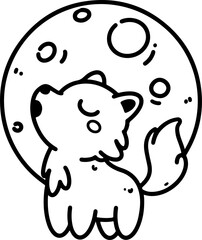 Cartoon wolf howling at the full moon, hand-drawn in line art style. Vector illustration, isolated and perfect for kid's designs, playful projects, and nature-themed creations.