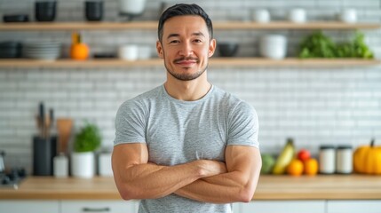 A confident man stands in a bright, modern kitchen with arms crossed, conveying a healthy, positive lifestyle and wellness.