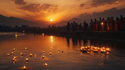 evening on Chhath Puja, people gather on the river bank with offerings, the orange sky at sunset creates a beautiful view, Ai generated images