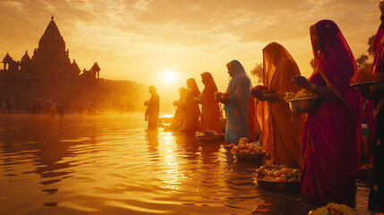 dawn view on river bank during Chhath Puja, women wearing colorful saris standing in water with offerings of fruits and flowers in hands, sun has just risen, Ai generated images