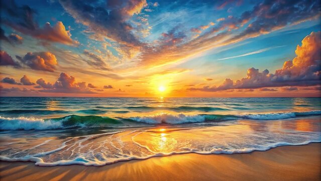 Tranquil seaside sunset with waves lapping shore