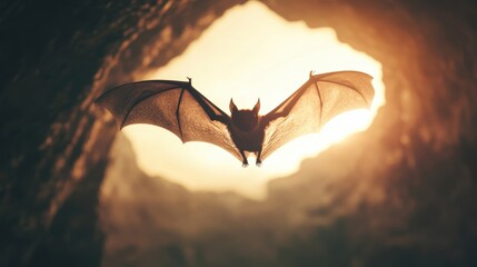 A silhouette of a bat flying out of a cave towards the warm sunset light, creating a dramatic and eerie scene.
