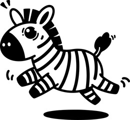 Fototapeta premium Cartoon zebra jumping up, hand-drawn in line art style. Vector illustration, isolated for easy use in kid's designs, playful projects, and safari-themed creations.