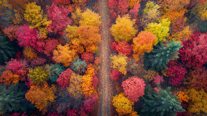 Fototapeta premium Aerial view of a vibrant forest path surrounded by colorful autumn trees in shades of red, yellow, orange, and green 