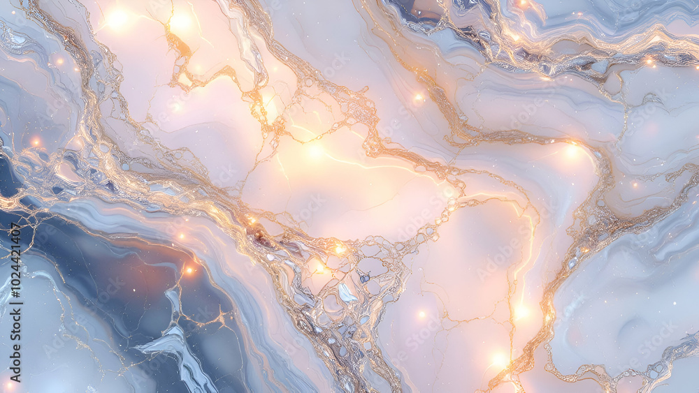 Poster a close-up of abstract marble with a swirling, flowing pattern in blue, white, and gold. it features