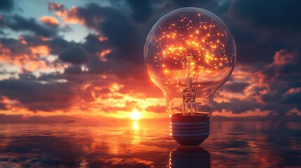 A light bulb with glowing sparks inside, floating on the water at sunset.