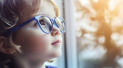 Young child wearing blue glasses focusing on distant tree outside window, symbolizing myopia prevention and importance of outdoor activities