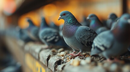 A flock of pigeons perched on a ledge, with a single pigeon in focus, looking directly at the camera.