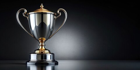 Low angle view of a silver trophy with gold top against black background