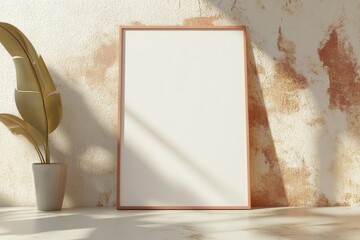 A blank wooden frame leaning against a textured wall with a potted plant, bathed in natural sunlight.