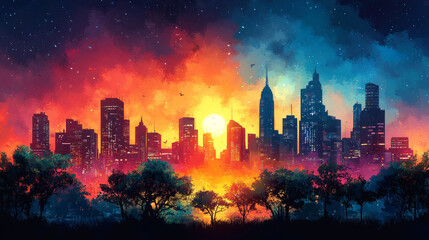 Obraz premium Vibrant Abstract City Landscape Drawing of Futuristic Cityscape