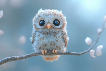A cute, fluffy owl with large eyes perched on a branch in a soft, dreamy setting.