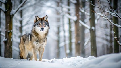 Fototapeta premium Low angle view of a wolf in a snowy forest with simple and minimalistic background