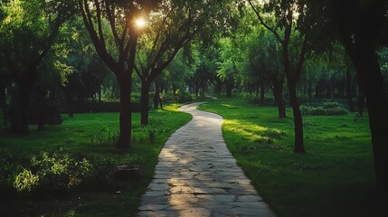 Fototapeta premium A serene path meanders through a lush green park, inviting visitors to immerse themselves in the tranquility of nature.