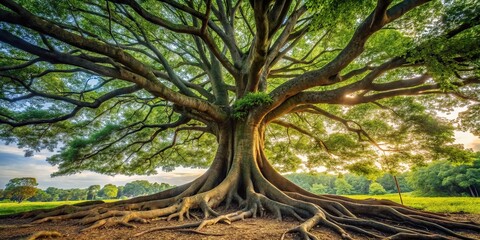 Low angle view of ancient tree with massive trunk and exposed roots