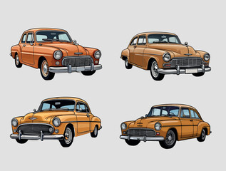 Four vintage cars, all orange with chrome details, are drawn in a cartoon style and set against a light gray background. vector illustration