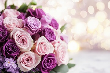 Obraz premium Elegant bouquet of pink purple roses with bokeh background