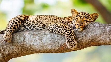 Obraz premium A majestic Sri Lankan leopard, Panthera pardus kotiya, lounges gracefully on the sturdy branch of a tree in its natural habitat within Yala National Park, Sri Lanka.