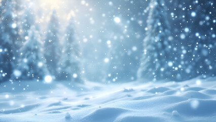 Naklejka premium A snowy forest scene with a soft, blurred background of trees and falling snow. The foreground features a snowdrift with a textured surface.
