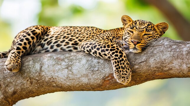 A majestic Sri Lankan leopard, Panthera pardus kotiya, lounges gracefully on the sturdy branch of a tree in its natural habitat within Yala National Park, Sri Lanka.
