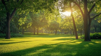 Naklejka premium A tranquil park landscape bathed in the soft glow of morning sunlight, with golden rays filtering through the trees, casting long shadows across the dewy grass.
