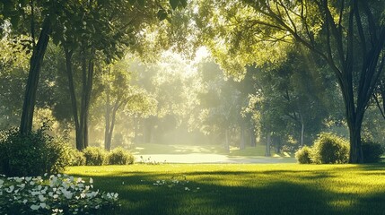 A tranquil park landscape bathed in the soft glow of morning sunlight, with golden rays filtering through the trees, casting long shadows across the dewy grass.