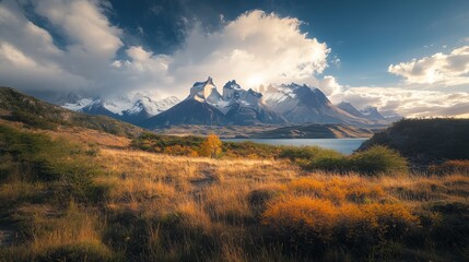 Obraz premium Stunning view of Torres del Paine National Park in Chile, showcasing its dramatic landscapes with rugged mountain peaks, pristine lakes, and vast open plains.