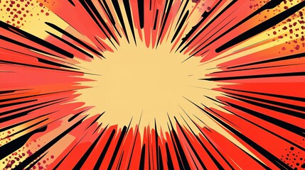 A captivating pop art comic-style background featuring dynamic zooming lines that evoke a sense of motion and excitement. The design is crafted exclusively with vibrant red colors and multiple shapes,