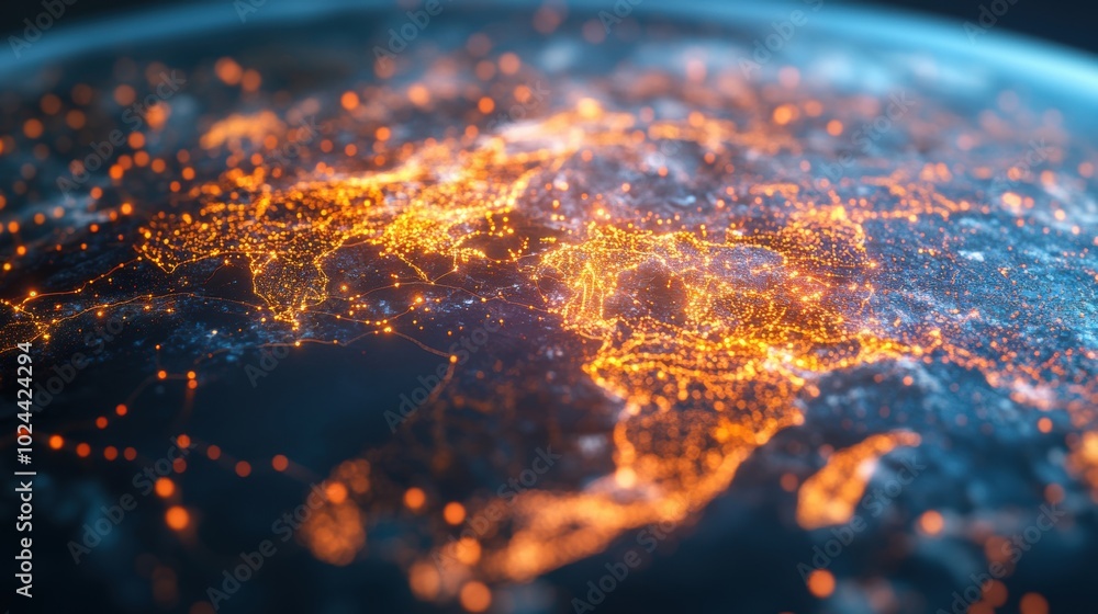 Poster a futuristic visualization of earth's global digital network, showing illuminated data connections a