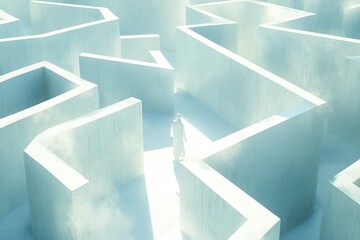 A lone figure dressed in white walks through a large, intricate maze with tall white walls