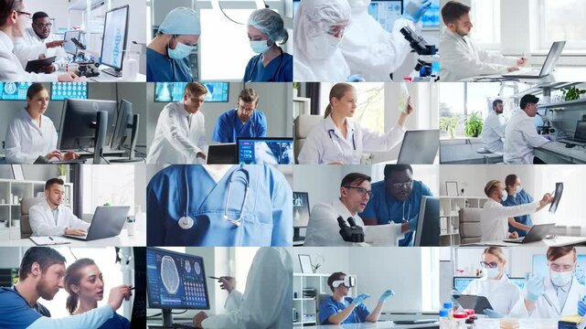 Collection of images featuring medical professionals and scientist in lab and surgery, highlighting teamwork, innovation, and advanced healthcare technology.