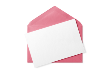 Opened pink paper envelope mockup with paper sheet isolated on a transparent background, PNG. High resolution. 