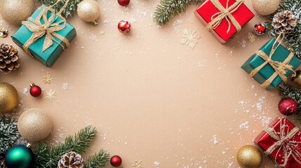 Festive Christmas Background with Gifts and Ornaments