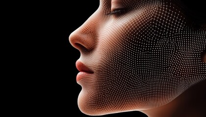A 3D model of a womans face with dotted lines highlighting the path of a skin-tightening treatment, showing a smooth and defined jawline.