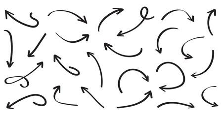 Collection hand drawn arrows. Set simple curved arrows isolated on white background. Collection of pointers. Vector illustration.
