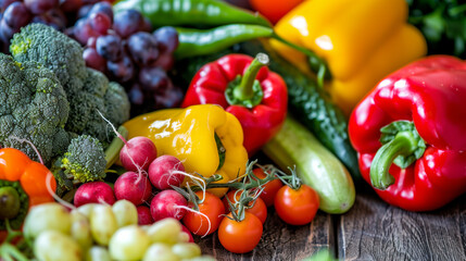 Close-up of vibrant fresh vegetables and fruits on wooden table, symbolizing healthy blood pressure foods, emphasizing natural nutrition and wellness.