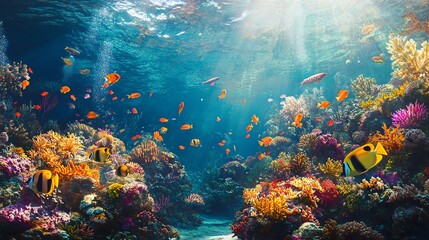 Naklejka premium Vibrant coral reef with colorful fish swimming in clear blue water.