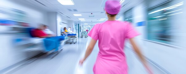 A blurred image of a hospital intensive care unit (ICU), with nurses moving swiftly between patient beds, leaving trails of light and motion.